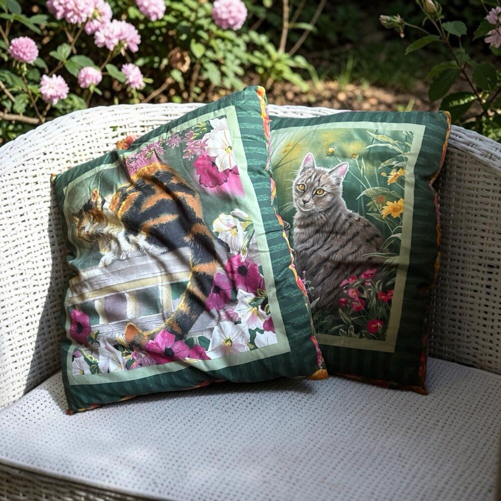 Handmade Cat Pillows Set Of 2 Vintage Throw Pillows Cottage Core